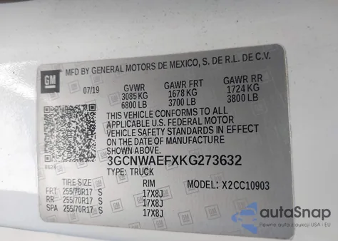 2019 Chevrolet Silverado 1500 Work Truck z USA, uszkodzony, nr VIN 3GCNWAEFXKG273632